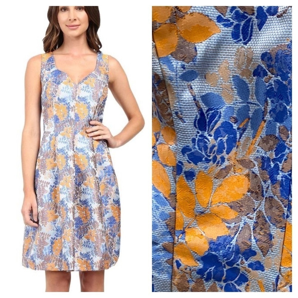 Adrianna Papell / floral V-Neck Leaf floral jacquard Pattern Dress